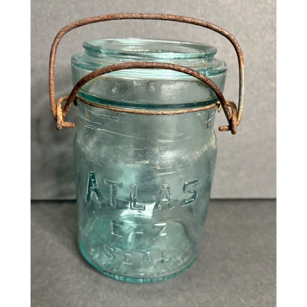 Atlas EZ Seal Pint Canning Jar Clear Aqua Wire Holder 5.5" Tall  *NO LID*